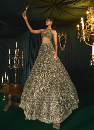 Rubaab Olive Green Lehenga Set by Roqa available on Indiaspopup.com