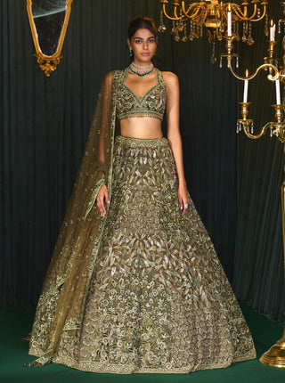 Rubaab Olive Green Lehenga Set by Roqa available on Indiaspopup.com