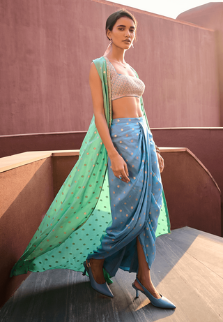 Ryna Blue And Sea Green Dhoti Skirt With Jacket Set by Chamee And Palak, available on Indiaspopup.com