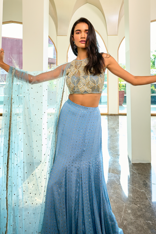 Eva Gray Blue Lehenga Set by Chamee And Palak, available on Indiaspopup.com