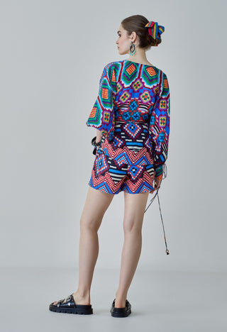 Nina Multicolor Ikat Blouse And Shorts by Saaksha & Kinni, available on Indiaspopup.com