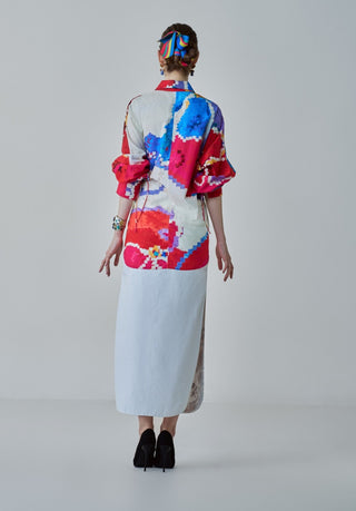 Sia ikat printed shirt and white skirt