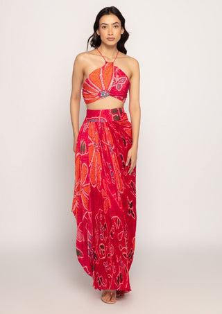 Saaksha & Kinni-Pink Printed Halter Bralette And Skirt-INDIASPOPUP.COM