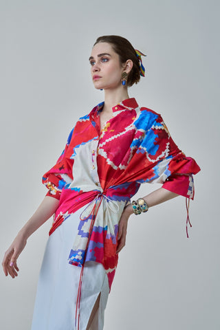 Sia Ikat Printed Shirt And White Skirt by Saaksha & Kinni, available on Indiaspopup.com