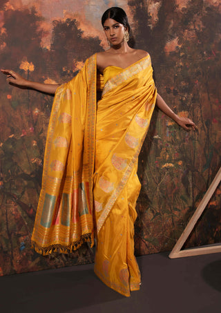 Ekaya-Yellow Handwoven Silk Sari And Unstitched Blouse-INDIASPOPUP.COM
