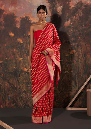 Ekaya-Red Handwoven Silk Sari And Unstitched Blouse-INDIASPOPUP.COM