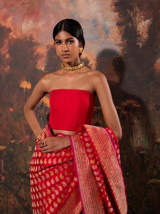 Ekaya-Red Handwoven Silk Sari And Unstitched Blouse-INDIASPOPUP.COM