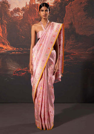 Ekaya-Pink Handwoven Tissue Sari And Unstitched Blouse-INDIASPOPUP.COM