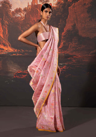 Ekaya-Pink Handwoven Tissue Sari And Unstitched Blouse-INDIASPOPUP.COM