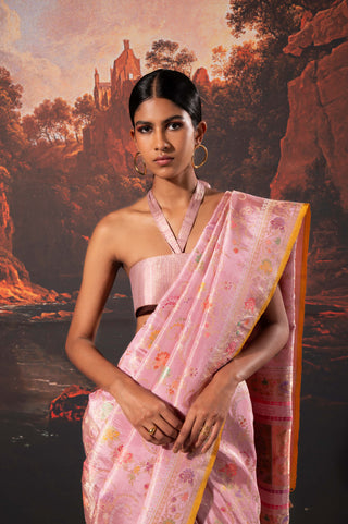 Ekaya-Pink Handwoven Tissue Sari And Unstitched Blouse-INDIASPOPUP.COM