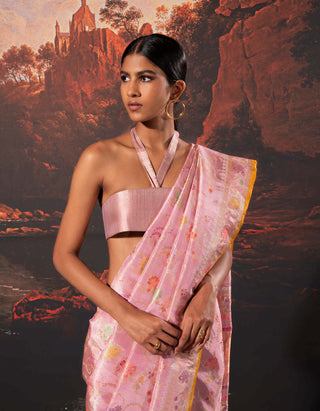 Ekaya-Pink Handwoven Tissue Sari And Unstitched Blouse-INDIASPOPUP.COM