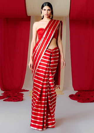 Ekaya-Red Striped Silk Sari With Unstitched Blouse-INDIASPOPUP.COM