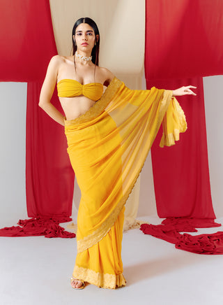 Ekaya-Yellow Georgette Sari With Unstitched Blouse-INDIASPOPUP.COM