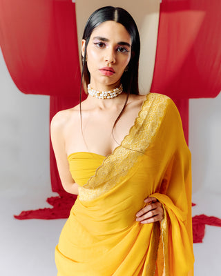 Ekaya-Yellow Georgette Sari With Unstitched Blouse-INDIASPOPUP.COM