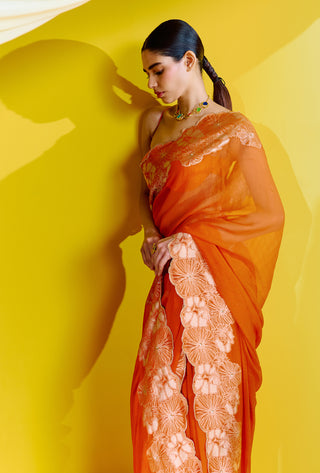 Ekaya-Orange Georgette Sari With Unstitched Blouse-INDIASPOPUP.COM