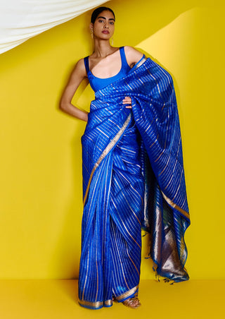 Ekaya-Handwoven Blue Striped Organza Sari With Unstitched Blouse-INDIASPOPUP.COM