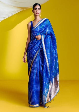 Ekaya-Handwoven Blue Striped Organza Sari With Unstitched Blouse-INDIASPOPUP.COM