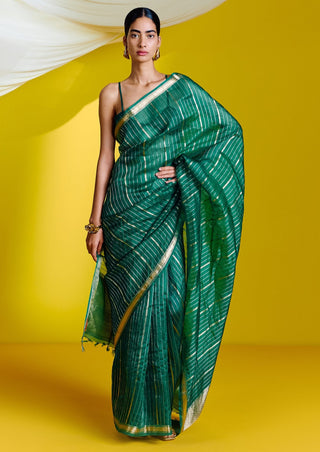 Ekaya-Handwoven Green Striped Sari With Unstitched Blouse-INDIASPOPUP.COM