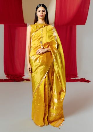 Ekaya-Handwoven Yellow Silk Sari With Unstitched Blouse-INDIASPOPUP.COM