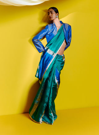 Ekaya-Handwoven Blue Green Silk Sari With Unstitched Blouse-INDIASPOPUP.COM