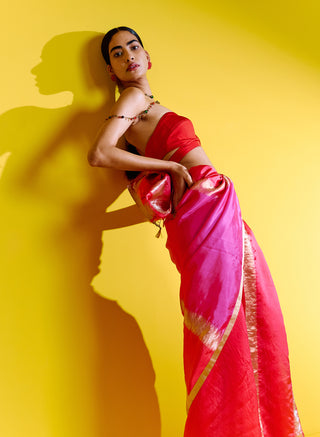 Ekaya-Handwoven Pink Red Silk Sari With Unstitched Blouse-INDIASPOPUP.COM