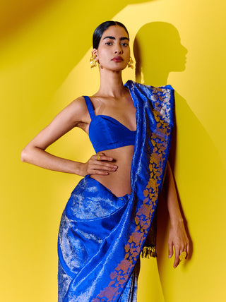 Ekaya-Handwoven Blue Silk Sari With Unstitched Blouse-INDIASPOPUP.COM