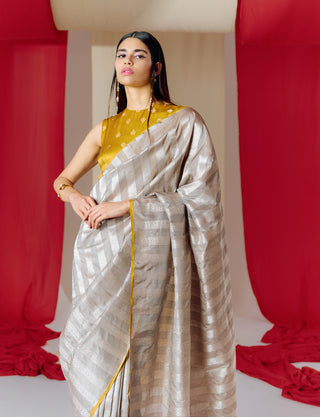 Ekaya-Gray Striped Silk Sari With Unstitched Blouse-INDIASPOPUP.COM