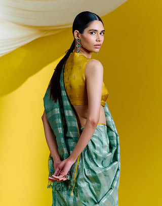 Ekaya-Green Striped Silk Sari With Unstitched Blouse-INDIASPOPUP.COM