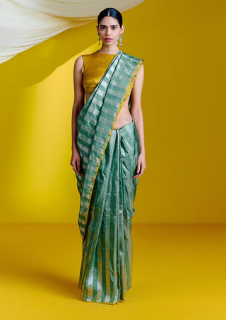 Ekaya-Green Striped Silk Sari With Unstitched Blouse-INDIASPOPUP.COM