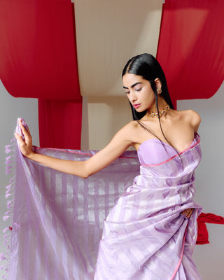 Ekaya-Mauve Striped Silk Sari With Unstitched Blouse-INDIASPOPUP.COM