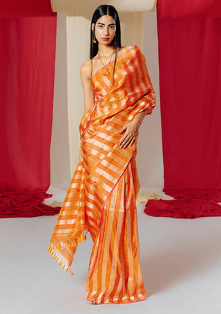 Ekaya-Orange Striped Silk Sari With Unstitched Blouse-INDIASPOPUP.COM