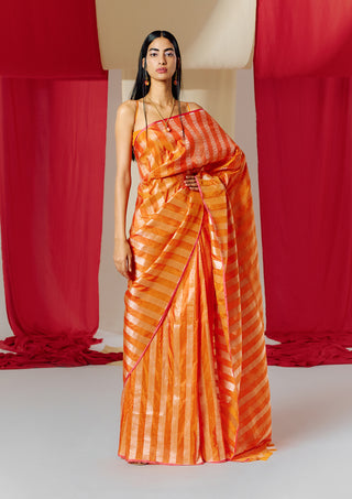 Ekaya-Orange Striped Silk Sari With Unstitched Blouse-INDIASPOPUP.COM