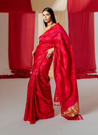Ekaya-Red Silk Sari With Unstitched Blouse-INDIASPOPUP.COM