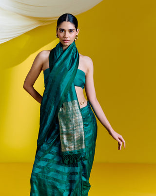 Ekaya-Handwoven Green Silk Sari With Unstitched Blouse-INDIASPOPUP.COM