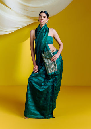 Ekaya-Handwoven Green Silk Sari With Unstitched Blouse-INDIASPOPUP.COM