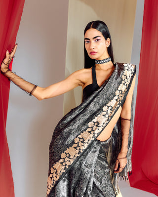 Ekaya-Handwoven Black Silk Sari With Unstitched Blouse-INDIASPOPUP.COM