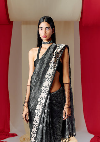 Ekaya-Handwoven Black Silk Sari With Unstitched Blouse-INDIASPOPUP.COM