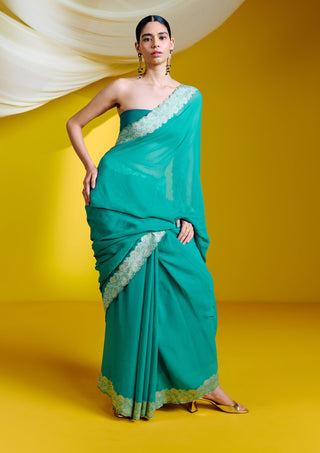 Ekaya-Green Georgette Sari With Unstitched Blouse-INDIASPOPUP.COM