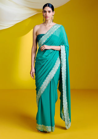 Ekaya-Green Georgette Sari With Unstitched Blouse-INDIASPOPUP.COM