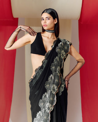 Ekaya-Black Georgette Sari With Unstitched Blouse-INDIASPOPUP.COM