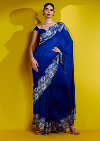 Ekaya-Blue Georgette Sari With Unstitched Blouse-INDIASPOPUP.COM