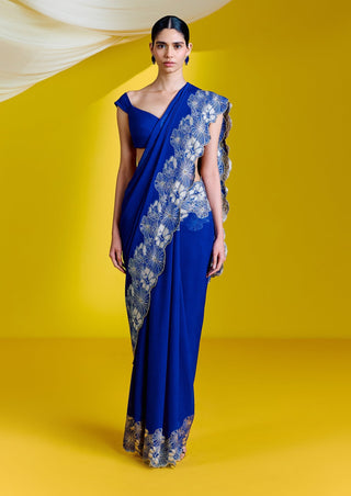Ekaya-Blue Georgette Sari With Unstitched Blouse-INDIASPOPUP.COM