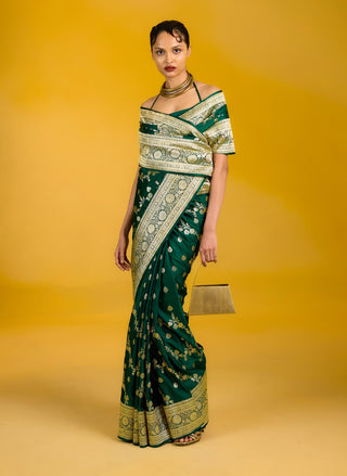 Ekaya Celine Bottle Green Sari available on indiaspopup