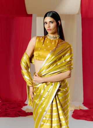 Ekaya-Yellow Striped Silk Sari With Unstitched Blouse-INDIASPOPUP.COM