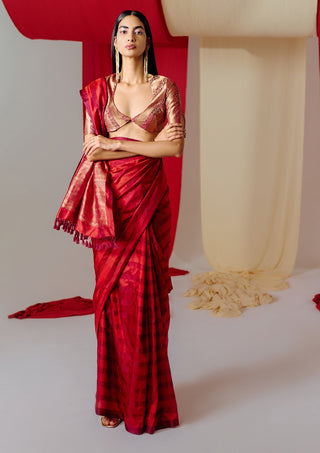 Ekaya-Handwoven Red Silk Sari With Unstitched Blouse-INDIASPOPUP.COM
