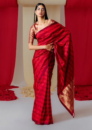 Ekaya-Handwoven Red Silk Sari With Unstitched Blouse-INDIASPOPUP.COM