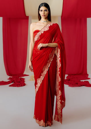 Ekaya-Red Georgette Sari With Unstitched Blouse-INDIASPOPUP.COM