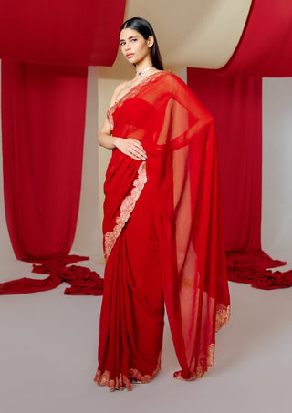 Ekaya-Red Georgette Sari With Unstitched Blouse-INDIASPOPUP.COM