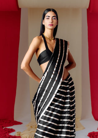 Ekaya-Black Striped Silk Sari With Unstitched Blouse-INDIASPOPUP.COM