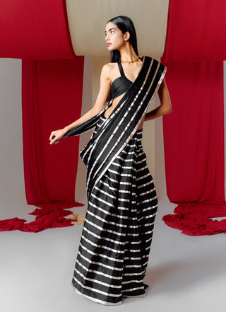 Ekaya-Black Striped Silk Sari With Unstitched Blouse-INDIASPOPUP.COM